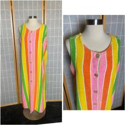 Vintage 1960Er Grün, Pink, Gelb Und Orange Streifen Frottee Maxikleid Hauskleid, Badeanzug Poolbezug, Größe Medium