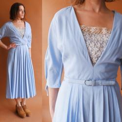 Vintage 50Er Baby Blau Plissee Kleid Mit Strass Spitze Yoke/1950Er Frühlingskleid Größe Small Medium 27