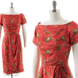 Vintage 50Er Jahre Cocktailkleid | Seide Blumen Bedruckt Sarong Rock Etui Wiggle Party Kleid | Klein