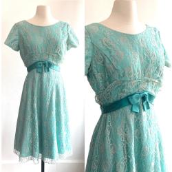 Vintage 50Er Jahre Kleid/Emma Domb Seafoam Aqua Green Lace Overlay + Satin Schärpe Medium