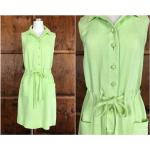 Grüne Vintage Leinenkleider mit Knopf aus Leinen für Damen Größe M für den für den Sommer 