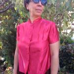 Rote Vintage Kurzärmelige Stehkragen Festliche Blusen aus Satin für Damen Größe M 