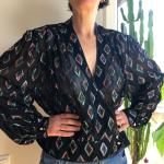 Schwarze Vintage Transparente Blusen & durchsichtige Blusen durchsichtig mit Knopf für Damen Größe L 