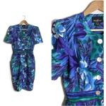 Blaue Blumenmuster Vintage Kurzärmelige Taillierte Kleider für Damen Größe XS 