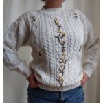 Cremefarbene Bestickte Vintage Strickpullover aus Wolle für Damen Größe L für den für den Winter 