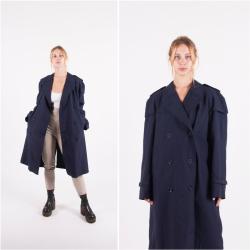 Vintage Duster Mantel Damen Medium Marine Blau Trenchcoat 80Er Jahre Frauen Größe M Dunkelblau Zweireihige Winterjacke