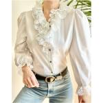 Weiße Bestickte Vintage Tunika-Blusen mit Rüschen aus Baumwolle für Damen Größe M 