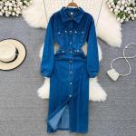 Blaue Bestickte Oversize Langärmelige Mini Sommerkleider aus Kunstfaser für Damen Größe XXL Große Größen für den für den Sommer 