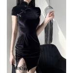 Schwarze Vintage Mini Stehkragen Samtkleider aus Samt maschinenwaschbar für Damen Größe XXL für den für den Sommer 