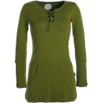 Olivgrüne Unifarbene Ethno Langärmelige Vishes Bio Mini Rundhals-Ausschnitt Sommerkleider mit Elfenmotiv aus Baumwolle für Damen Größe XS 