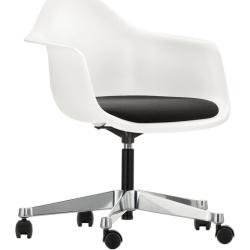 Vitra Eames Plastic Armchair PACC Drehstuhl weiß mit schwarzem Sitzpolster, Designer Charles & Ray Eames, 75.5-89x62.5x60 cm
