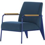 Vitra Fauteuil de Salon Sessel, Farbe: Twill blaugrau, Gestell: Prouvé Bleu Marcoule, Armlehnen: Eiche, Gleiter/Rollen: Filzgleiter