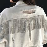 Silberne Oversize Übergangsjacken mit Strass aus Baumwolle Handwäsche für Damen Größe L 
