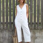 Weiße Ärmellose V-Ausschnitt Lange Overalls mit Knopf maschinenwaschbar für Damen für den für den Sommer 