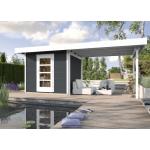 Anthrazitfarbene Weka WekaLine Design-Gartenhäuser 28mm aus Fichte mit Anbau Blockbohlenbauweise 