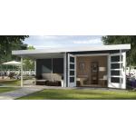Anthrazitfarbene Moderne Weka Design-Gartenhäuser imprägniert 28mm aus Fichte mit Anbau Blockbohlenbauweise 