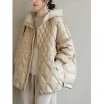 Khakifarbene Mini Kapuzenmäntel mit Reißverschluss aus Polyester mit Kapuze für Damen Größe L für den für den Winter 