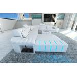 Wohnlandschaft Bellagio XXL Leder Couch mit Kopfstützen Ledersofa LED Licht Sofa mit Ottomane (Ottomane Links, White)