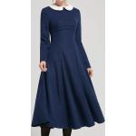 Marineblaue Vintage Langärmelige Lange Abendkleider mit Reißverschluss aus Wolle für Damen zum Abschlussball 