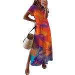 Dunkelblaue Bestickte Boho Maxi V-Ausschnitt Shirtkleider mit Meer-Motiv aus Polyester für Damen Größe L 