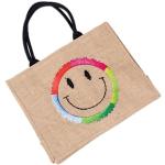 Beige Emoji Smiley XXL Shopper aus Leinen für Damen 