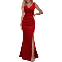 WOOSEA Ärmelloses Abendkleid, V-Ausschnitt, geteilt, Cocktailkleid, langes Kleid - Rot - Groß