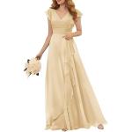 Champagnerfarbene Langärmelige Maxi V-Ausschnitt Lange Abendkleider mit Rüschen aus Chiffon Handwäsche für Damen Größe M für Brautjungfern 