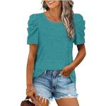 Reduzierte Türkise Unifarbene Elegante Kurzärmelige Rundhals-Ausschnitt T-Shirts mit Puffärmeln aus Viskose für Damen Größe XL für den für den Sommer 