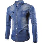 Hellblaue Rockabilly Langärmelige Stehkragen Herrenjeanshemden mit Knopf aus Baumwolle Übergrößen für Partys für den für den Herbst 