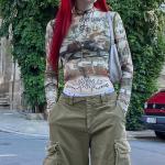 Bunte Streetwear Langärmelige T-Shirts durchsichtig aus Polyester für Damen Größe L für den für den Herbst 