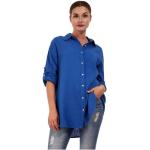 Royalblaue Unifarbene Oversize Langärmelige YC Fashion & Style Rundhals-Ausschnitt Hemdblusen mit Knopf aus Musselin für Damen Einheitsgröße 