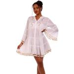 Weiße Unifarbene Boho Langärmelige YC Fashion & Style Mini V-Ausschnitt Minikleider & kurze Kleider durchsichtig aus Baumwolle mit Kapuze für Damen 