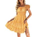 Gelbe Blumenmuster Boho Mini Schulterfreie Sommerkleider mit Meer-Motiv aus Baumwolle für Damen Größe XL 