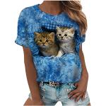 Blaue Leo-Look Streetwear Kurzärmelige Rundhals-Ausschnitt Damenfanshirts mit Katzenmotiv aus Baumwolle Größe M für Partys für den für den Sommer 