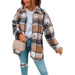 Braune Karo Langärmelige Stehkragen Stehkragenhemden mit Knopf aus Baumwollmischung für Damen Größe 3 XL 