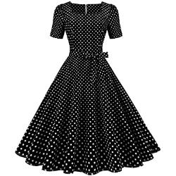Yming Damen Polka Dot Kleid Cocktailkleid Audrey Hepburn Kleid Vintage A-Linie Kleid Abendkleid Schwarz M