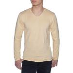 Beige Unifarbene Langärmelige ReRock V-Ausschnitt T-Shirts aus Baumwolle enganliegend für Herren Größe M 