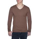 Hellbraune Unifarbene Langärmelige ReRock V-Ausschnitt T-Shirts aus Baumwolle enganliegend für Herren Größe L 