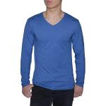 Blaue Unifarbene Langärmelige ReRock V-Ausschnitt T-Shirts aus Baumwolle enganliegend für Herren Größe L 