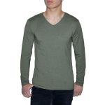 Olivgrüne Unifarbene Langärmelige ReRock V-Ausschnitt T-Shirts aus Baumwolle enganliegend für Herren Größe XL 