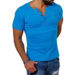 Türkise Unifarbene Young & Rich V-Ausschnitt T-Shirts mit Knopf aus Baumwolle für Herren Größe L 