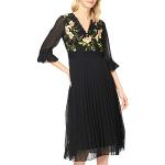 Yumi Damen Black Floral Embroidered Dress with Pleated Skirt and Fluted Sleeve Lssiges Abendkleid, Schwarz, 36
