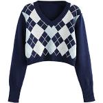 ZAFUL Damen Pullover mit V-Ausschnitt, Langarm Kurzer Pullover Jumper Sweater (Blau, XL)