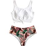 ZAFUL Zweiteiliger verknotet Tankini Beachwear Set, einfarbiger gepolsterter Badeanzug mit Schulterträger & Badehose mit Tropisches Blattmuster für Damen (Multi-A, XL)