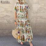 Beige Blumenmuster Oversize Kurzärmelige Midikleider aus Baumwolle für Damen Größe 5 XL für den für den Sommer 