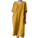 Gelbe Unifarbene Casual Halblangärmelige Mini V-Ausschnitt Sommerkleider für Damen Größe XXL 