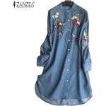 Dunkelblaue Bestickte Oversize Tunika-Blusen mit Knopf für Damen Größe 5 XL 