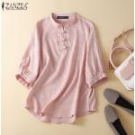 Rosa Vintage Langärmelige Stehkragen T-Shirts aus Baumwolle für Damen Größe 5 XL Große Größen für den für den Sommer 