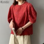 Rote Bestickte Oversize Langärmelige Rundhals-Ausschnitt T-Shirts aus Baumwolle für Damen Größe 5 XL für den für den Sommer 