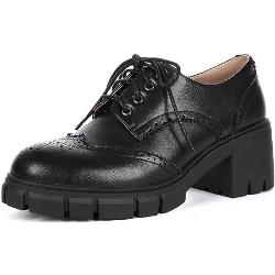 ZeniRuec Plattform Oxford Schuhe für Frauen Chunky Block Heel Vintage Schuhe Wingtip Oxford Sattelschuhe Schwarz Lug Sohle Casual Arbeit Business Pumps Schnürschuh, Schwarzes PU., 37 EU